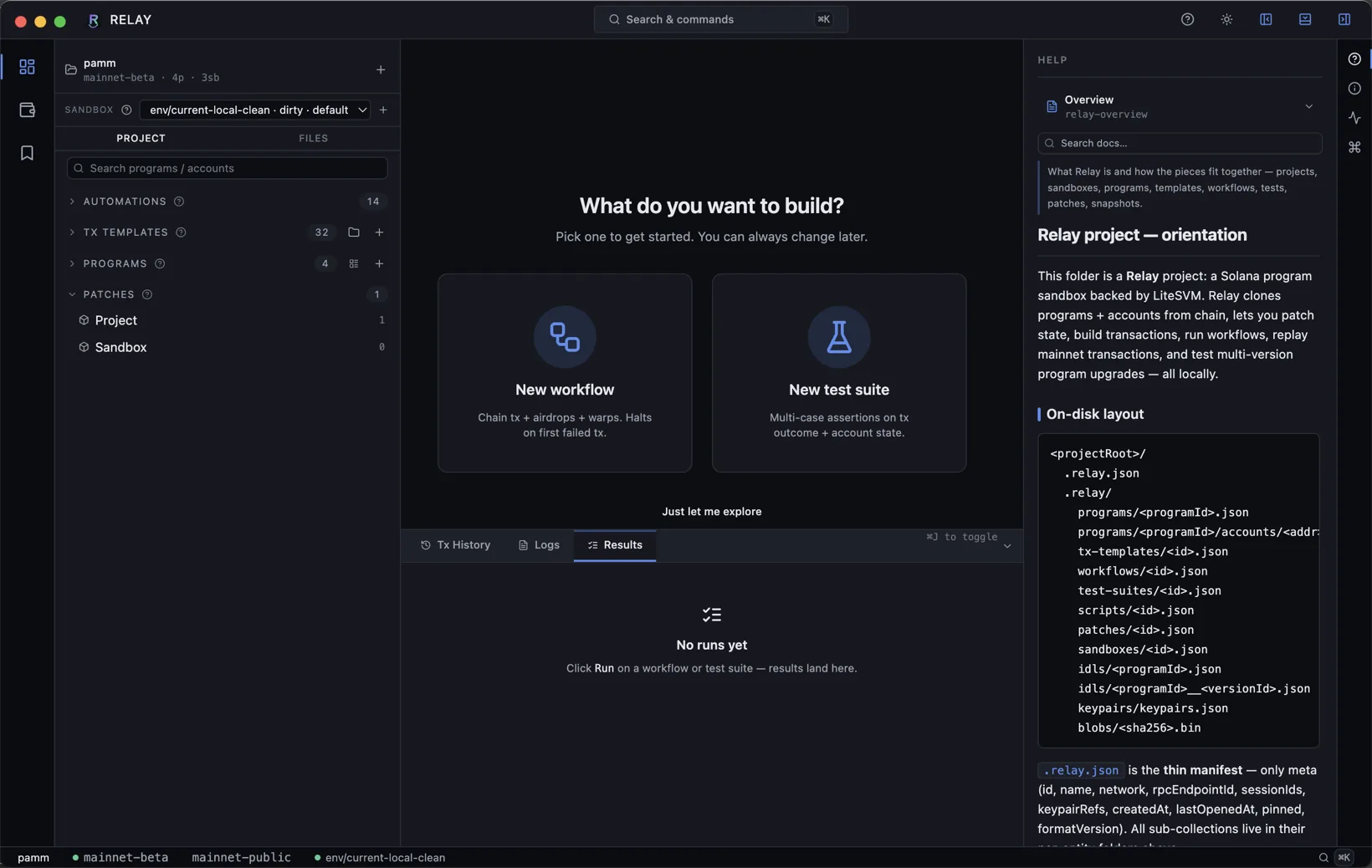 Help panel docked on the right with project orientation copy and on-disk layout