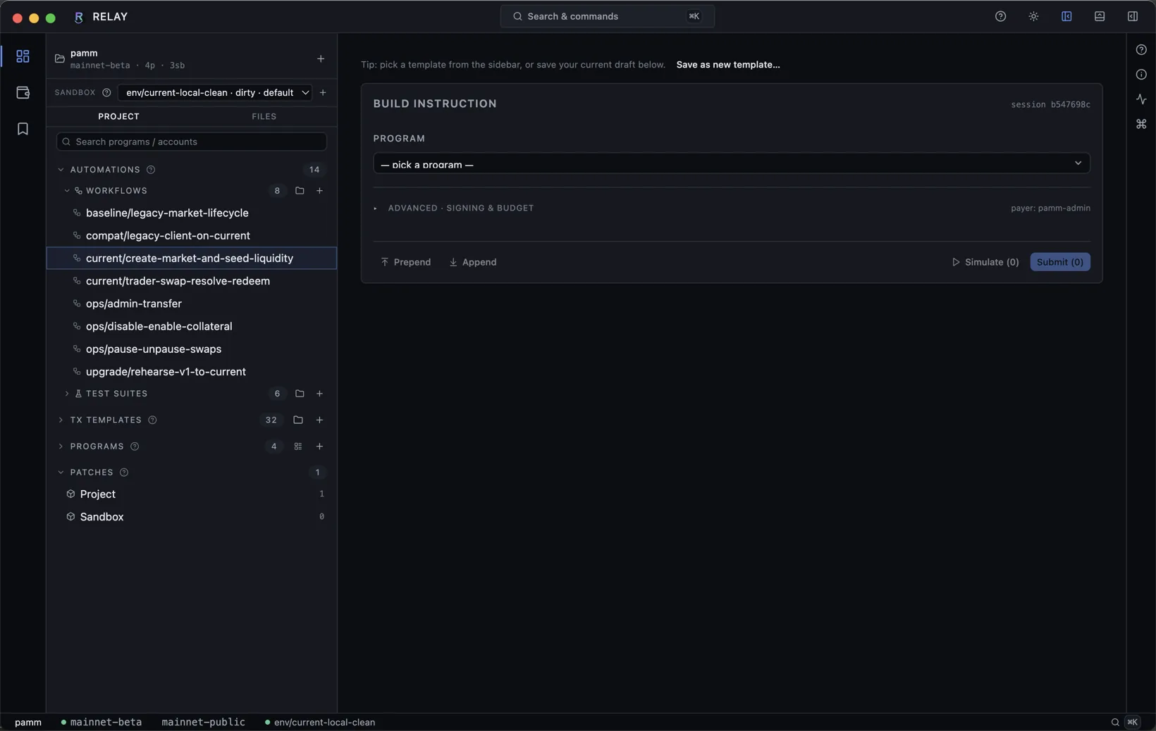 Tx Builder pane with program picker and Simulate/Submit actions