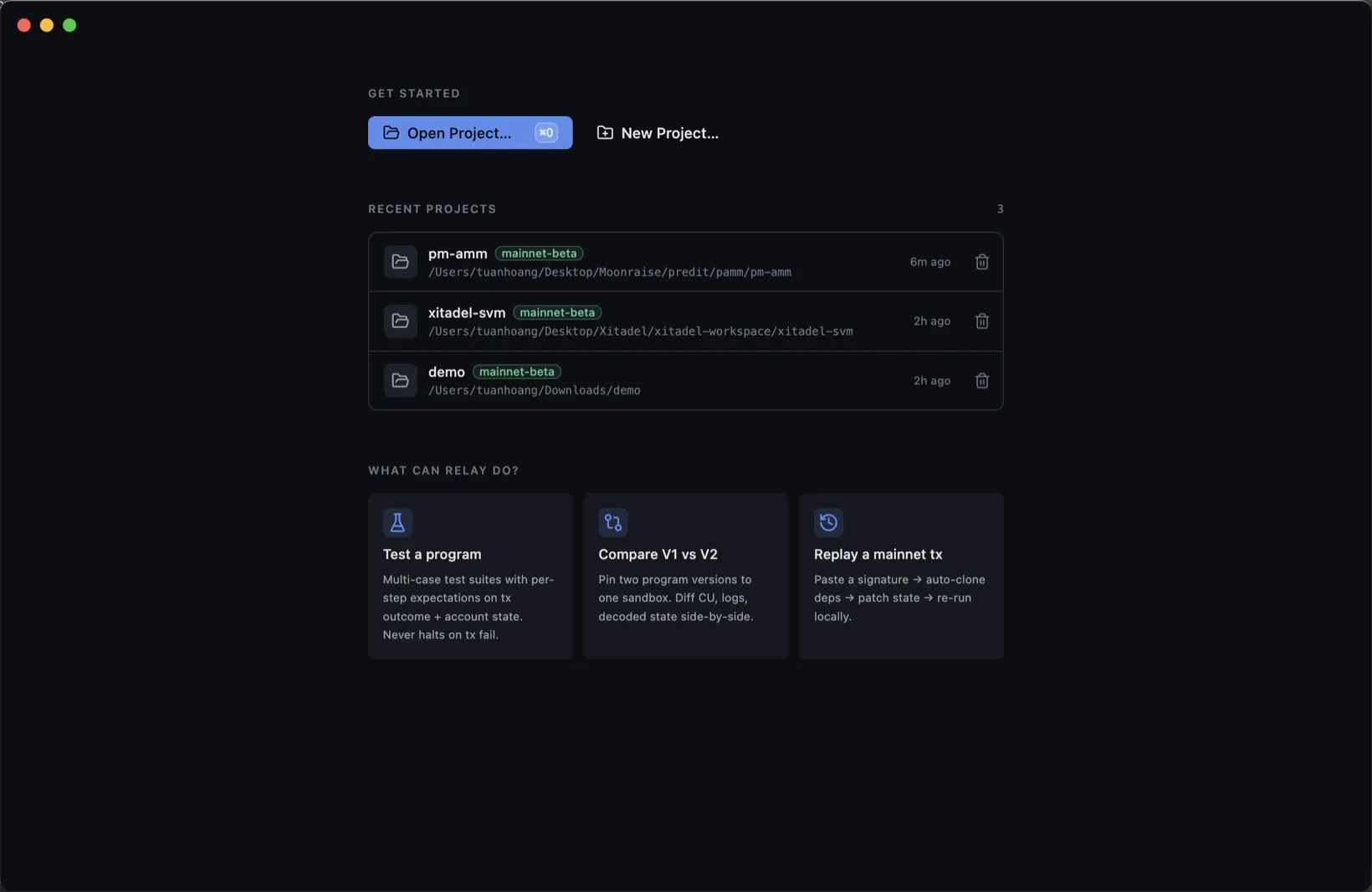 Welcome screen - open / new project, recent projects, use-case cards