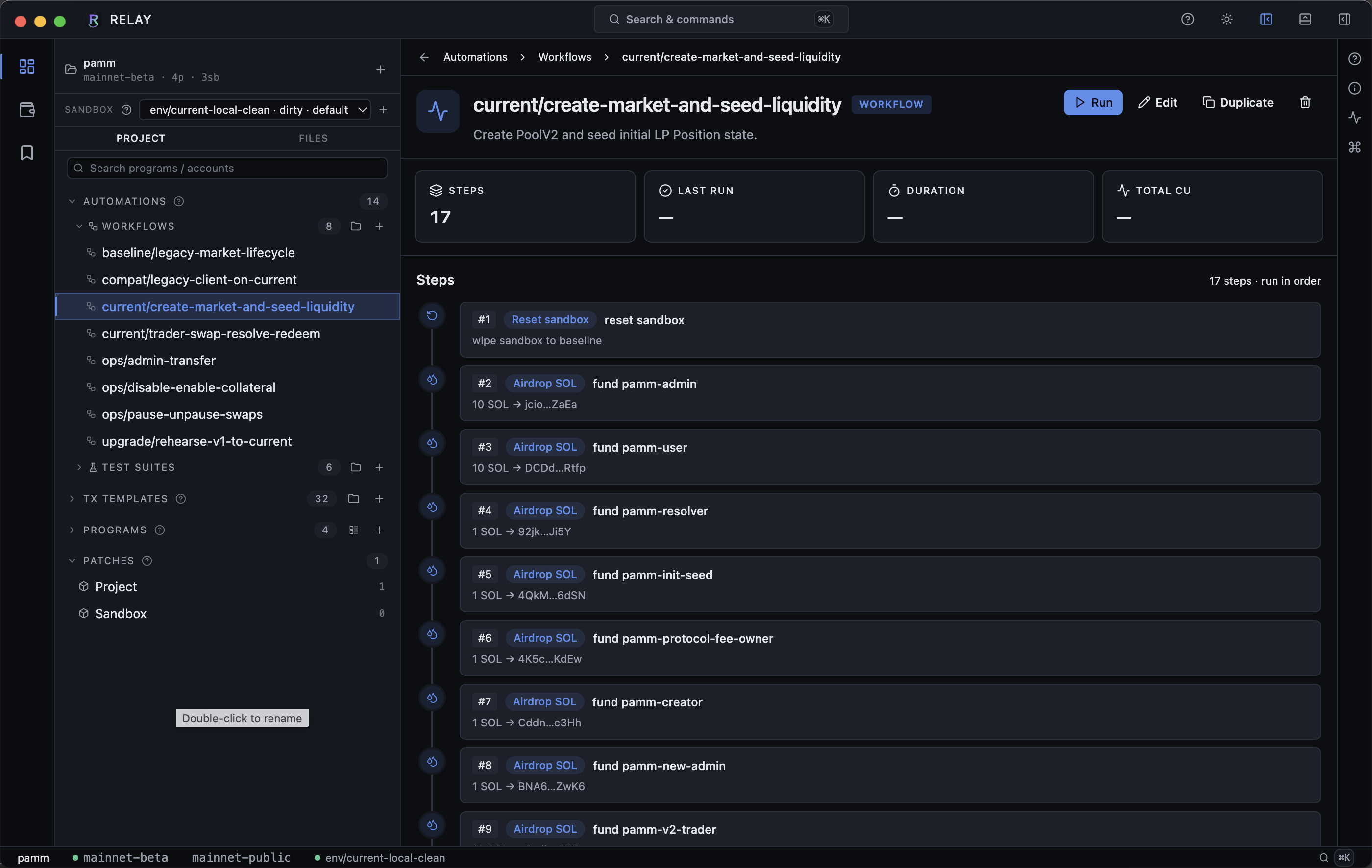 Workflow detail showing steps 1-9 with airdrop and reset-sandbox actions